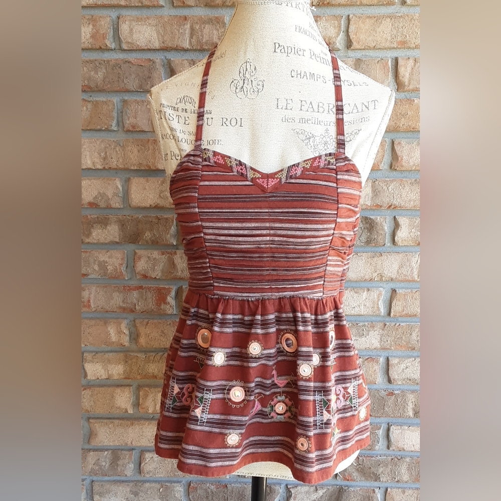 Altard State Halter Style Striped Boho Embroderied Top.